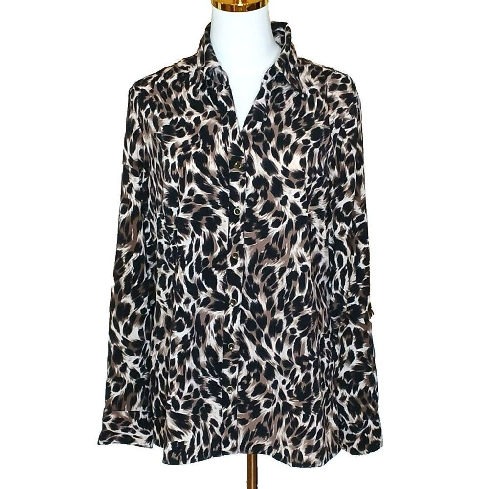Laura Scott Women's Leopard Long Sleeve Collared Button Up Blouse Office Work